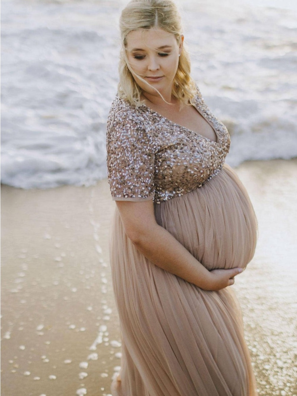NWT Maya Deluxe Maternity US Size 10 glam sequin tulle Blush Pink Maxi Dress